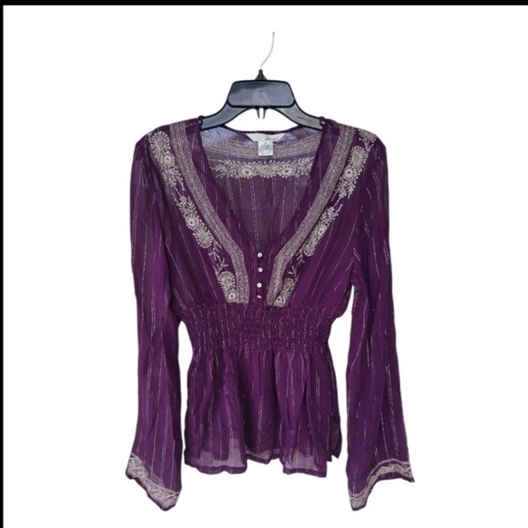 WD.NY Tops - WD.NY 100% Silk Blouse Size 14 Purple Whilte Embroidered Flare Long Sleeves Y2k